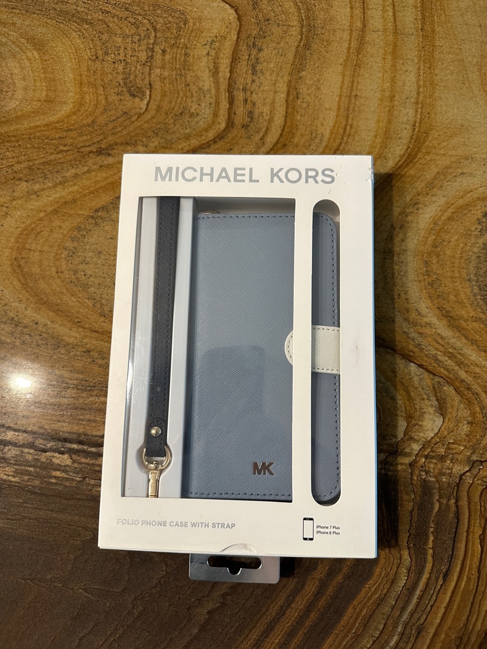 Michael Kors Light Blue and White Folio Phone Case with Blue Strap